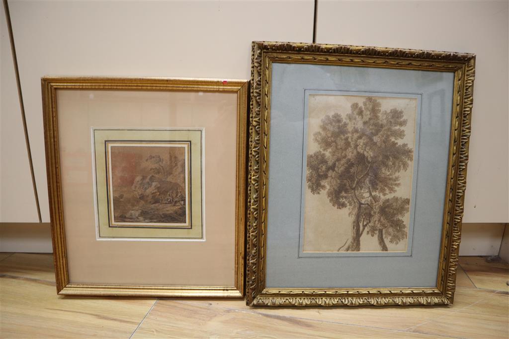 Old Master, ink and wash, Soldiers in a rocky landscape, 13 x 12.5cm and a pen and ink study of a tree, 27 x 18.5cm